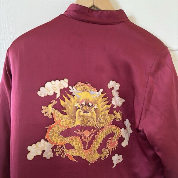 Womens Satin Chinese Jacket Dragon Design 100% Silk Size Large Red Artsy City - Picture 10 of 12